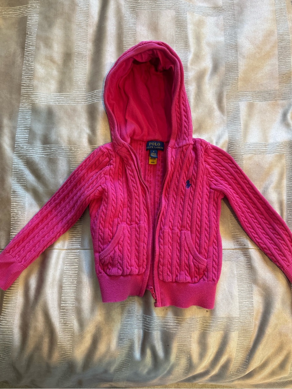 Girls Polo by Ralph Lauren Bright Pink Cable-Knit Hooded Zip Sweater size 4